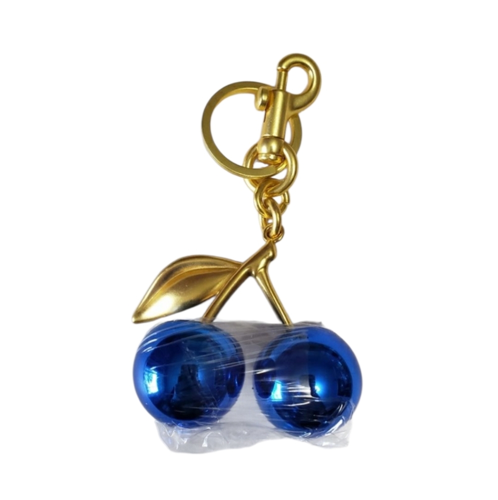 Metallic blue cherry with gold tone hardware bag charm/key chain